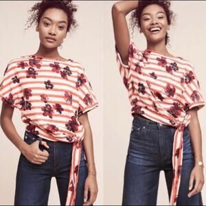 Anthropologie Women's Postmark Striped‎ Floral Red Side Tie Top Size Small